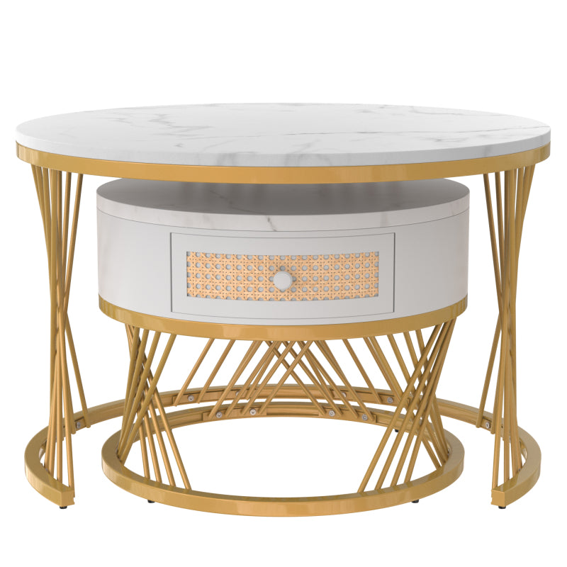 2 in 1 Runder Couchtisch aus MDF, Beistelltisch mit Tischplatte aus Marmor und Schubladen aus Kunststoff-Rattan, Griffe aus Massivholz. goldene Eisenfüße. 70*70*45,5+50*50*38,5cm