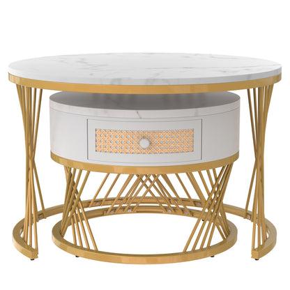 2 in 1 Runder Couchtisch aus MDF, Beistelltisch mit Tischplatte aus Marmor und Schubladen aus Kunststoff-Rattan, Griffe aus Massivholz. goldene Eisenfüße. 70*70*45,5+50*50*38,5cm