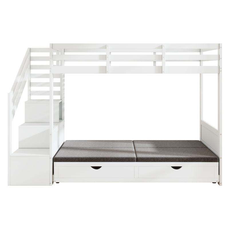 Kinder-Etagenbett, Doppelbett, multifunktionales Kinderbett,Mit Treppenschrank und 2 Schubladen, ohne Matratze, Die untere Ebene als Bett oder Sofa genutzt und enthält Kissen , weiß, 90*200