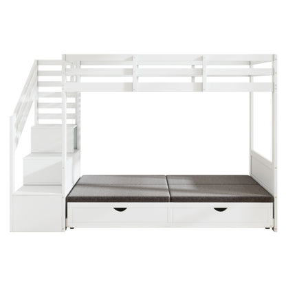 Kinder-Etagenbett, Doppelbett, multifunktionales Kinderbett,Mit Treppenschrank und 2 Schubladen, ohne Matratze, Die untere Ebene als Bett oder Sofa genutzt und enthält Kissen , weiß, 90*200
