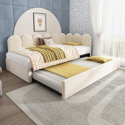Polsterbett Daybett 90x200cm,Tagesbett Schlafsofa mit Ausziehbett 90x190cm, Kinderbett mit Lattenrost, Samt,Beige, ohne Matratze