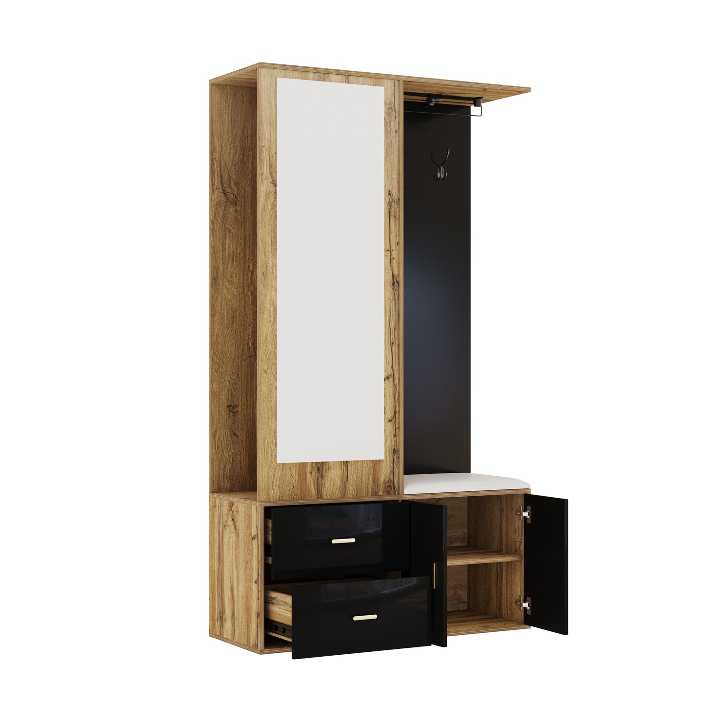 Elegantes Kleiderschrank Set in Schwarz und Holzfarbe mit Spiegel, Schuhschrank, Schuhbank mit Haken und ausziehbaren Kleiderbügeln.