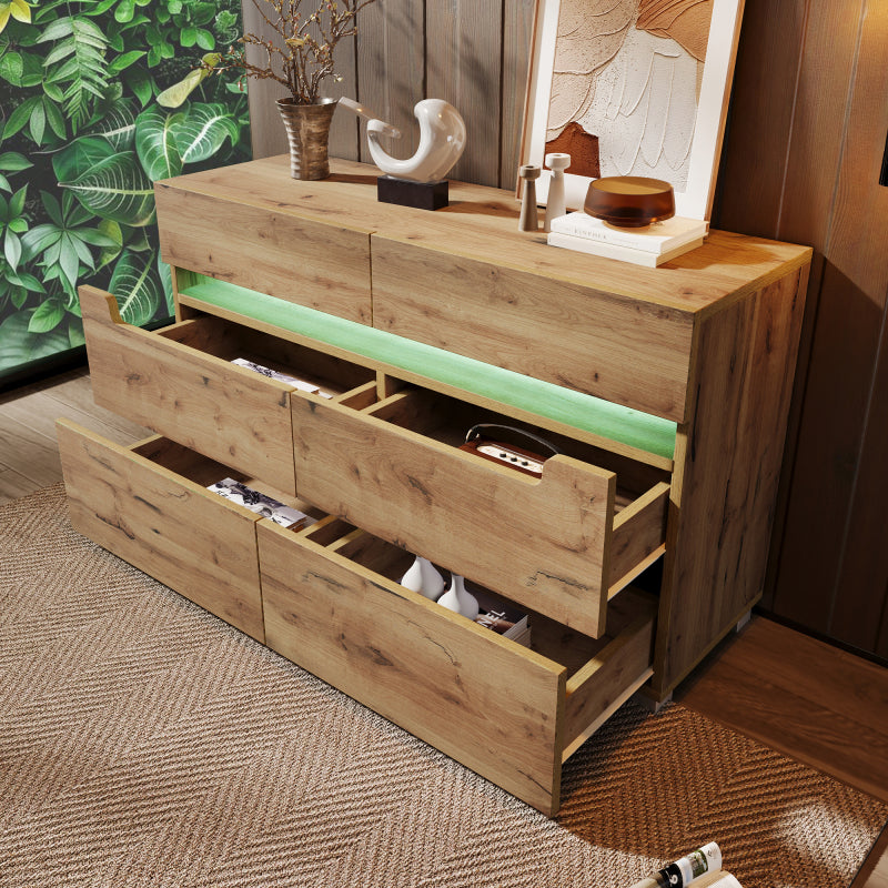 Kommode, Sideboard Holz mit 6 Schubladen, LED Beleuchtung (App Control), Mehrzweckschrank für Wohnzimmer und Schlafzimmer, 71 x 120 x 40 cm, Eiche