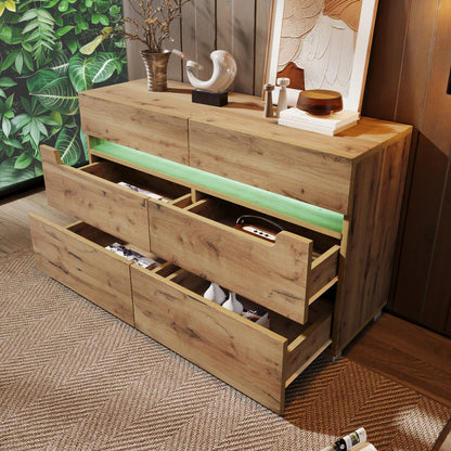 Kommode, Sideboard Holz mit 6 Schubladen, LED Beleuchtung (App Control), Mehrzweckschrank für Wohnzimmer und Schlafzimmer, 71 x 120 x 40 cm, Eiche