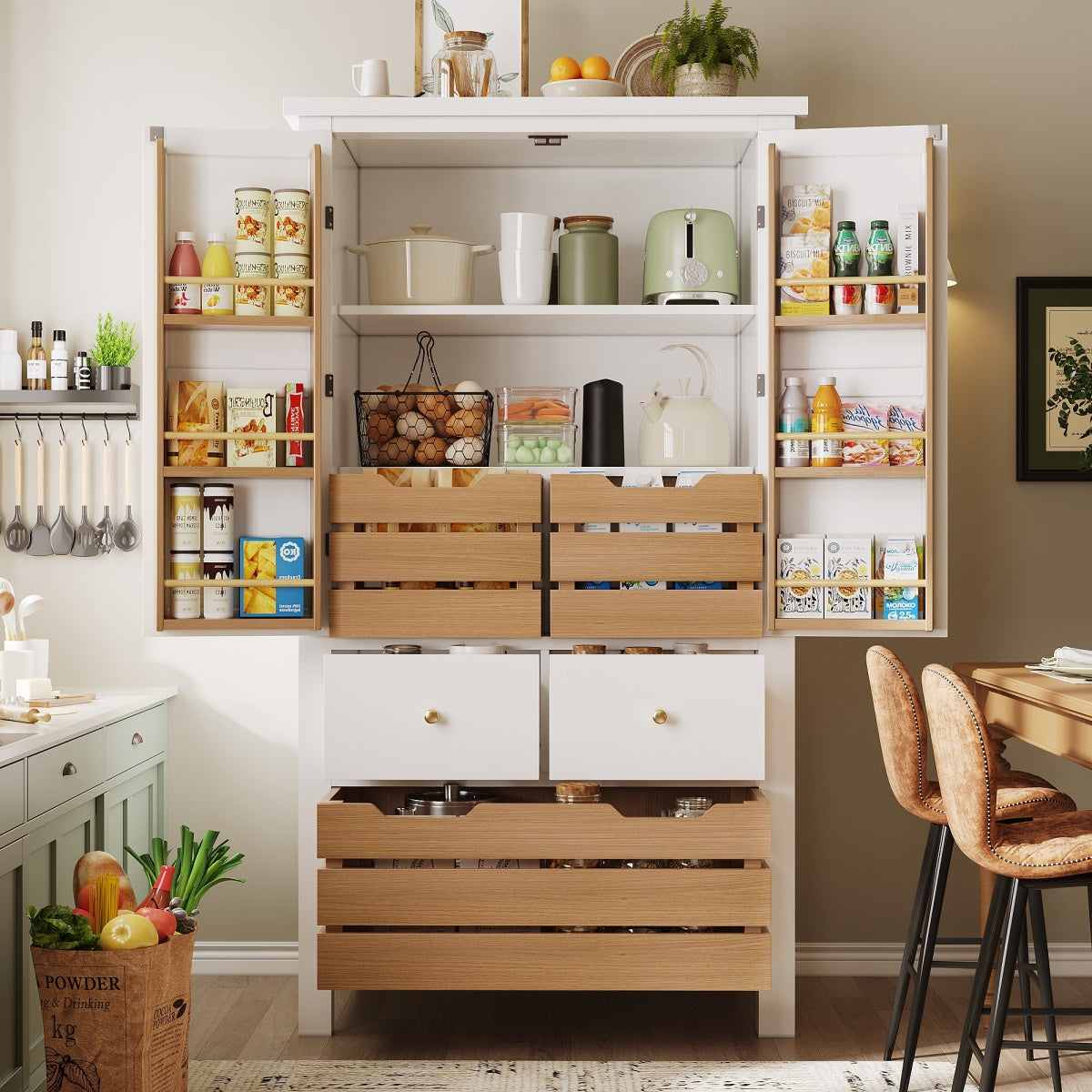 Küchenschrank 140cm hoch, Buffet-Schrank mit 2 Türen & 5 Schubladen, Mehrzweckschrank Weiß, Sideboard Vorratsschrank mit Kippschutz, 80x40cm