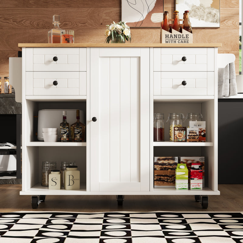 Moderne Kücheninsel (127×46×91,5cm) Küchenschrank Essschrank mit Holzmaserung Esswagen mit multifunktionalem Stauraum und herausnehmbaren Trennwänden, weiß