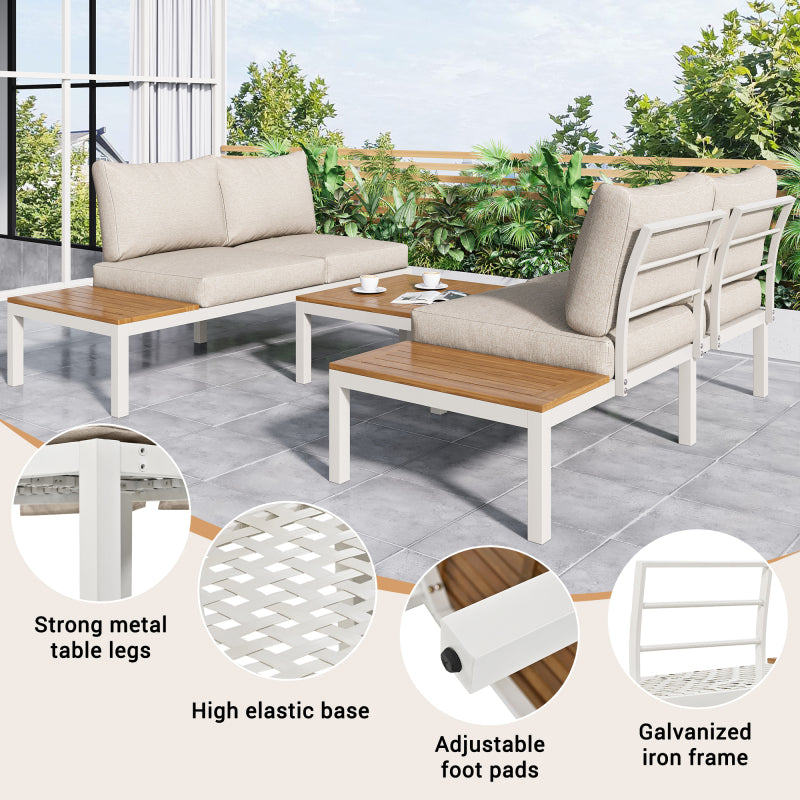 Garten-Loungesessel-Set, Gestell aus verzinktem Stahl, (2x Zweisitzer, 2x Beistelltische, 1x Tisch), Akazienholzplatte, Stoffbezug zur Bespannung der Rückenlehne, beige(previous sku:HW00005AAW)
