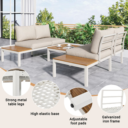 Garten-Loungesessel-Set, Gestell aus verzinktem Stahl, (2x Zweisitzer, 2x Beistelltische, 1x Tisch), Akazienholzplatte, Stoffbezug zur Bespannung der Rückenlehne, beige(previous sku:HW00005AAW)