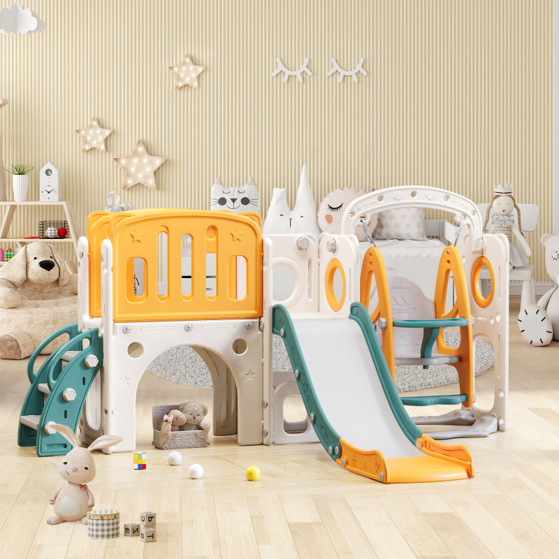 7-in-1-Rutsche für Kinder, bestehend aus Rutsche, Schaukel, Plattform, Unterschrank, Lochbohrspiel, Basketballkorb und Treppe - hochdichtes Polyethylen (Ozeanball nicht enthalten)