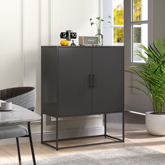 Metall-Sideboard,Lagerschrank– 2 Regale, freistehender Stahlschrank, Magnettüren, Anti-Kipp-Sicherung, Wohnzimmer, Küche, Büro, Schwarz, H 109 cm × B 85 cm × T 40 cm