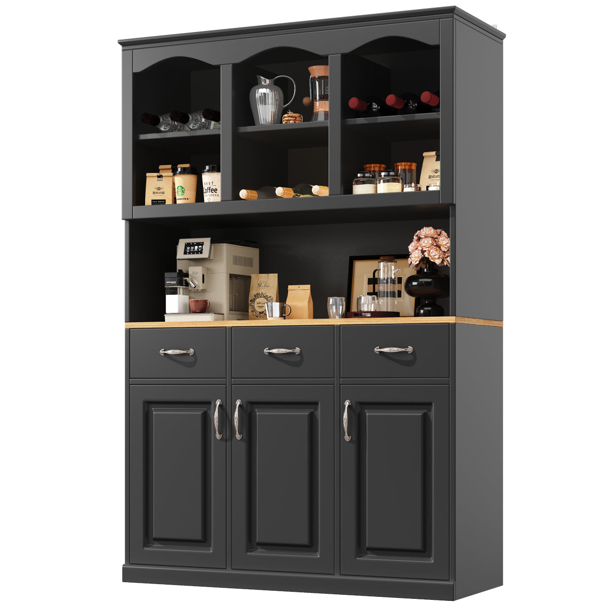 Küchenschrank 120x180cm LED, Hohes Buffet Schwarz, 3 Türen & 3 Schubladen, App-Steuerung, MDF Mehrzweckschrank