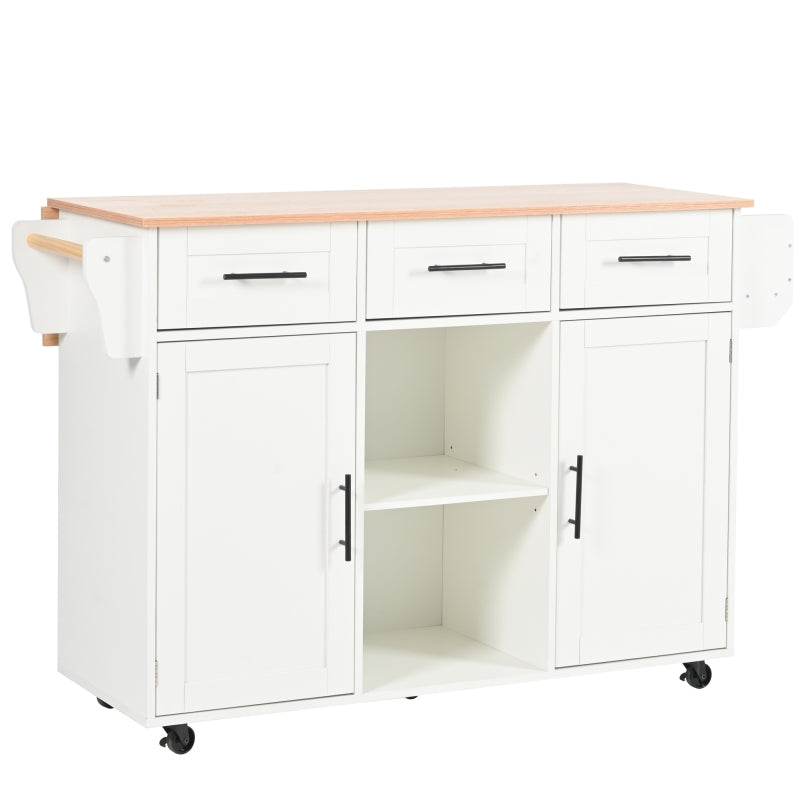 139x46(71)x91,5 cm großer Esswagen/Anrichte, Korpus weiß + Arbeitsplatte in Massivholzmaserung, klappbare Arbeitsplatte, Ablagetür, Rollen, auswechselbare Massivholzfüße, geeignet für Esszimmer, Küche
