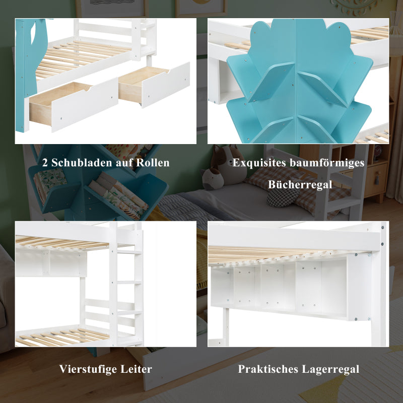 Etagenbett, Kreatives Kinderbett, Bücherregal in Baumform, Offenes Regal, Zwei Schubladen mit Rollen, Mit Fallschutzgitter, Reichlich Stauraum, Kiefer+MDF, Weiß+Blau, 90x200cm