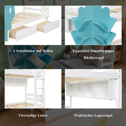 Etagenbett, Kreatives Kinderbett, Bücherregal in Baumform, Offenes Regal, Zwei Schubladen mit Rollen, Mit Fallschutzgitter, Reichlich Stauraum, Kiefer+MDF, Weiß+Blau, 90x200cm