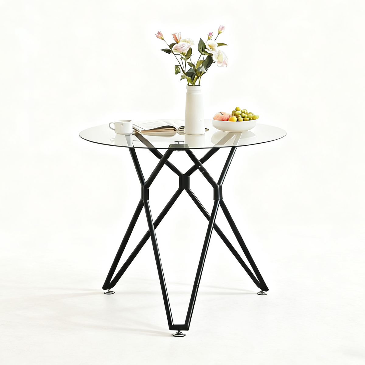 Esstisch Rund 90 cm Schwarz, Glastisch mit Gehärtetem Glas & Metallbeinen, Modernes Design