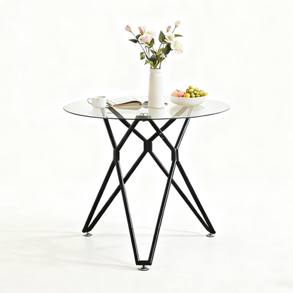 Esstisch Rund 90 cm Schwarz, Glastisch mit Gehärtetem Glas & Metallbeinen, Modernes Design