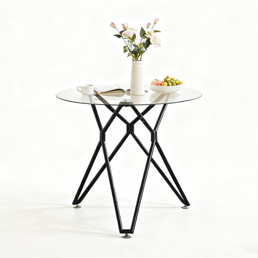 Esstisch Rund 90 cm Schwarz, Glastisch mit Gehärtetem Glas & Metallbeinen, Modernes Design