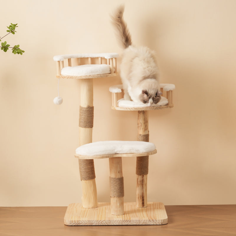 Designer Katzenklettergerüst aus Massivholz - 98 cm hoch, 3-stufiges Sprungbrett, abnehmbare Kissen und Spielbälle, Wolkenoptik-Imitation - Natürlich, umweltfreundlich, nachhaltige Nutzung, Katzenklet
