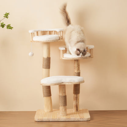 Designer Katzenklettergerüst aus Massivholz - 98 cm hoch, 3-stufiges Sprungbrett, abnehmbare Kissen und Spielbälle, Wolkenoptik-Imitation - Natürlich, umweltfreundlich, nachhaltige Nutzung, Katzenklet