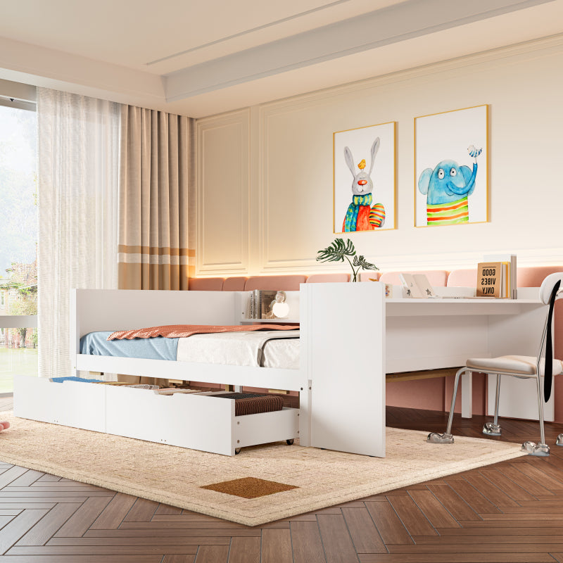 Flachbett, Holzbett, 140x200cm, mit Schreibtisch, ausgestattet mit 2 Schubladen, Doppelbett(Ohne Matratze), mit Regalen, Kiefer + Spanplatte, weiß