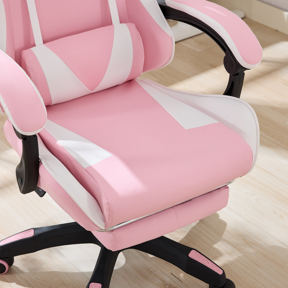 Gaming Stuhl Racing Design, 155° Liegefunktion, Fußstütze, Lendenmassage, Rosa + Weiß