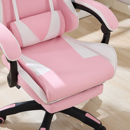 Gaming Stuhl Racing Design, 155° Liegefunktion, Fußstütze, Lendenmassage, Rosa + Weiß