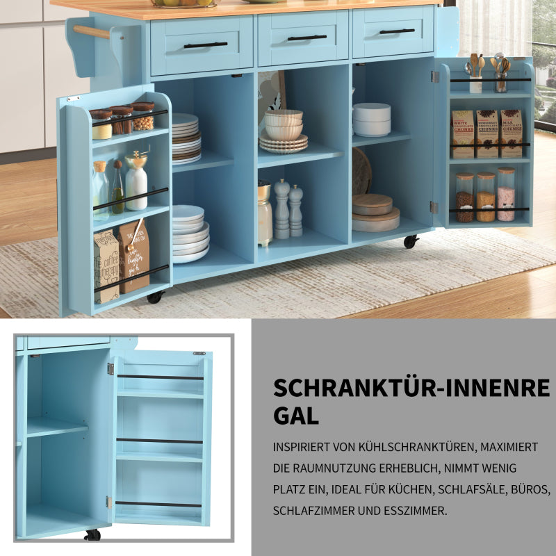 139x46(71)x91,5 cm großer Esswagen/Anrichte, Korpus Blau + Arbeitsplatte in Massivholzmaserung, klappbare Arbeitsplatte, Ablagetür, Rollen, auswechselbare Massivholzfüße, geeignet für Esszimmer, Küche