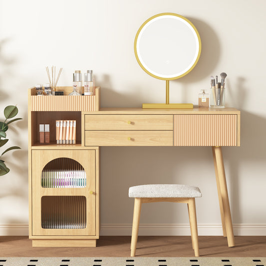 Schminktisch-Set, Kosmetiktisch mit LED-Spiegel und 3-Farbiger Beleuchtung, Schminktisch aus Holz für Schlafzimmerstudio - Maße: B120/H90/T40 cm(ohne Hocker) (Old sku: RN3198724AAA)