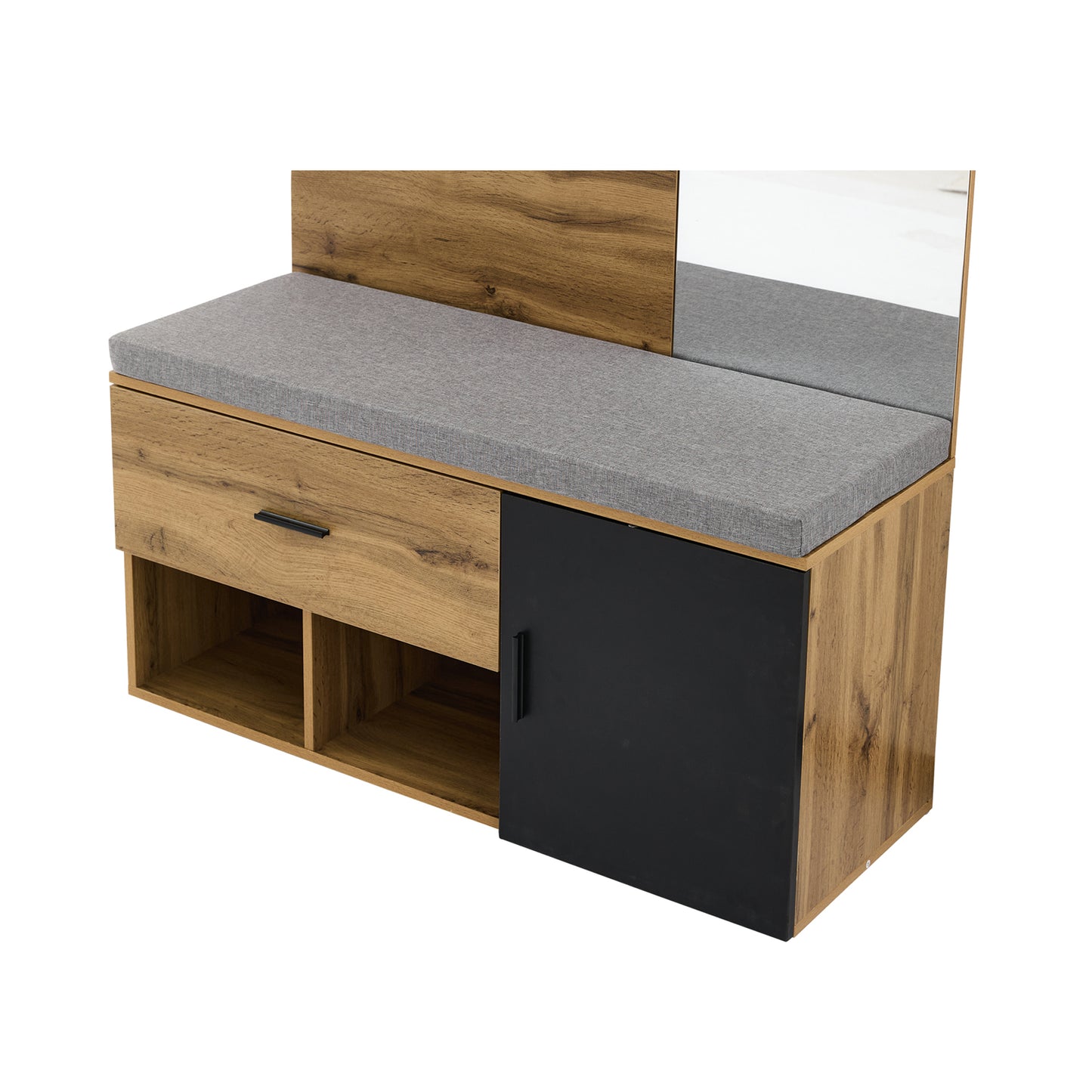 Garderoben Set in Holzoptik mit Spiegel, Schuhbank (104 x 39 cm) mit Polster, Schuhschrank, Schublade, Regal, Kleiderhaken – Praktisches Design für den Eingangsbereich
