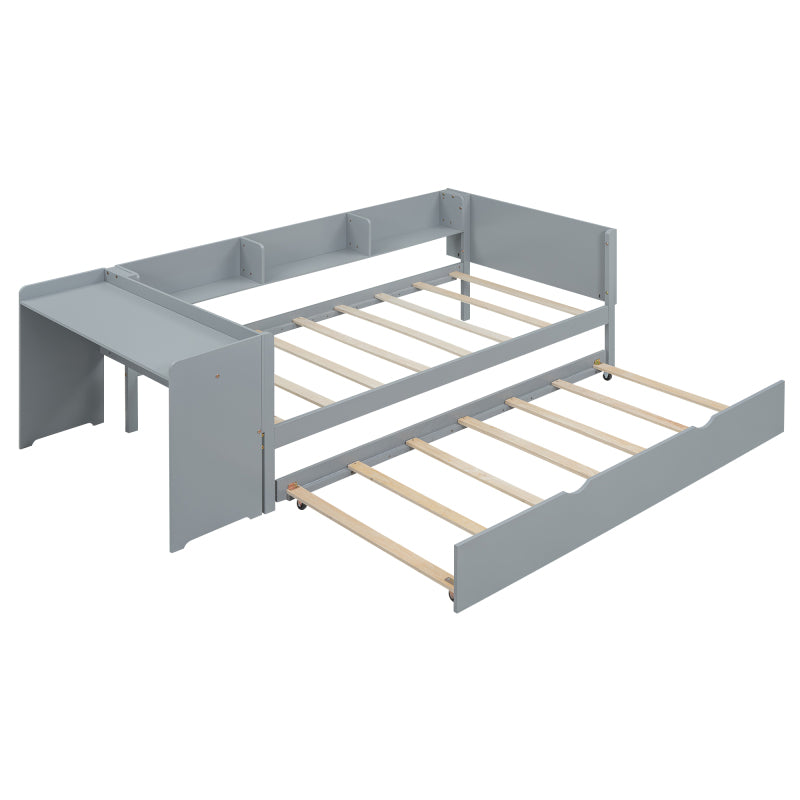 90*200cm, Flachbett, mit ausziehbarem Bett, mit Schreibtisch, drei Regale an der Seite des Bettes,grau