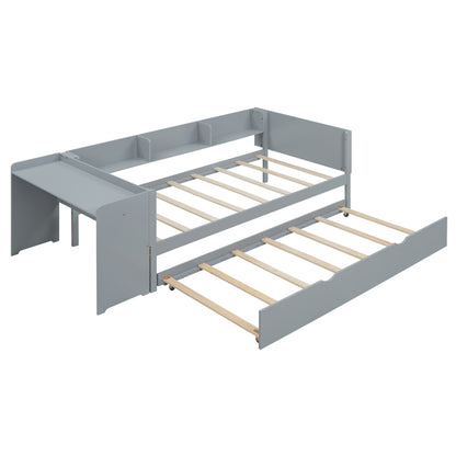 90*200cm, Flachbett, mit ausziehbarem Bett, mit Schreibtisch, drei Regale an der Seite des Bettes,grau