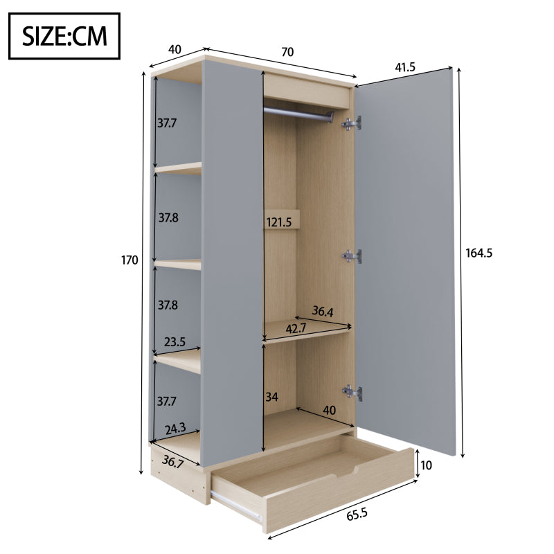 Kleiderschrank 70*40*170cm, eintürige Ausführung, mit Einlegeböden und Schubladen, grau