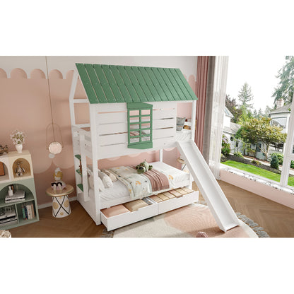 90X200 Haus-Etagenbett mit Rutsche und 2 Schubladen, Weiß+Grün