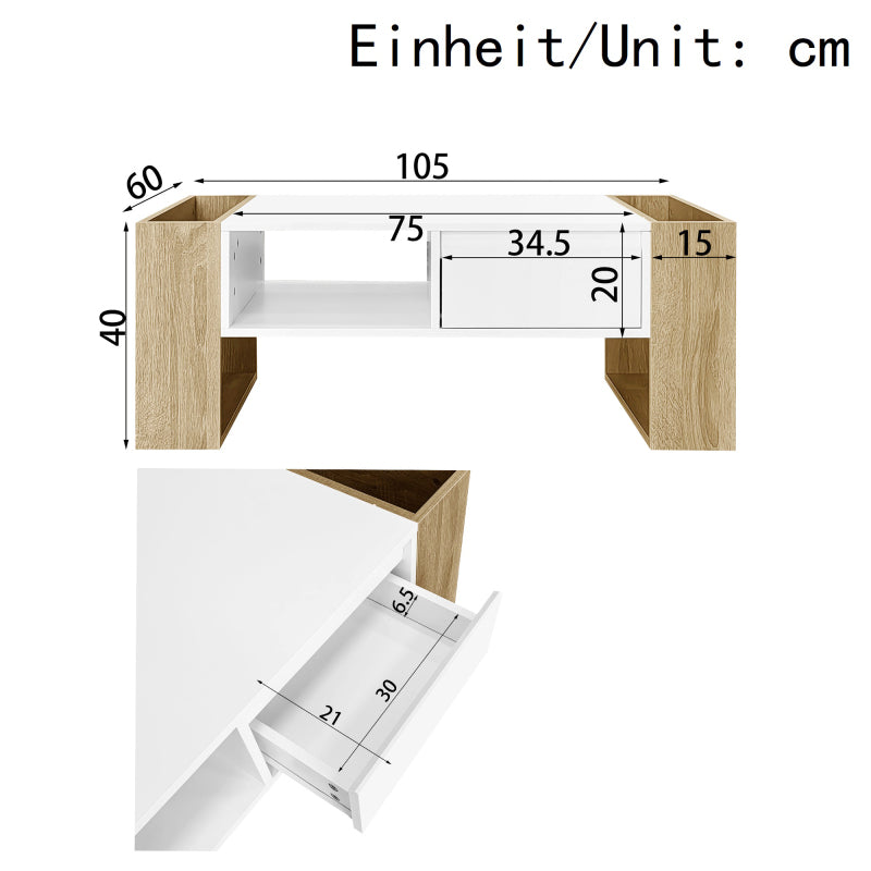 Moderner Couchtisch 105 x 60 x 40 cm - teilweise hochglanz, mit Schubladen und offenen Fächern