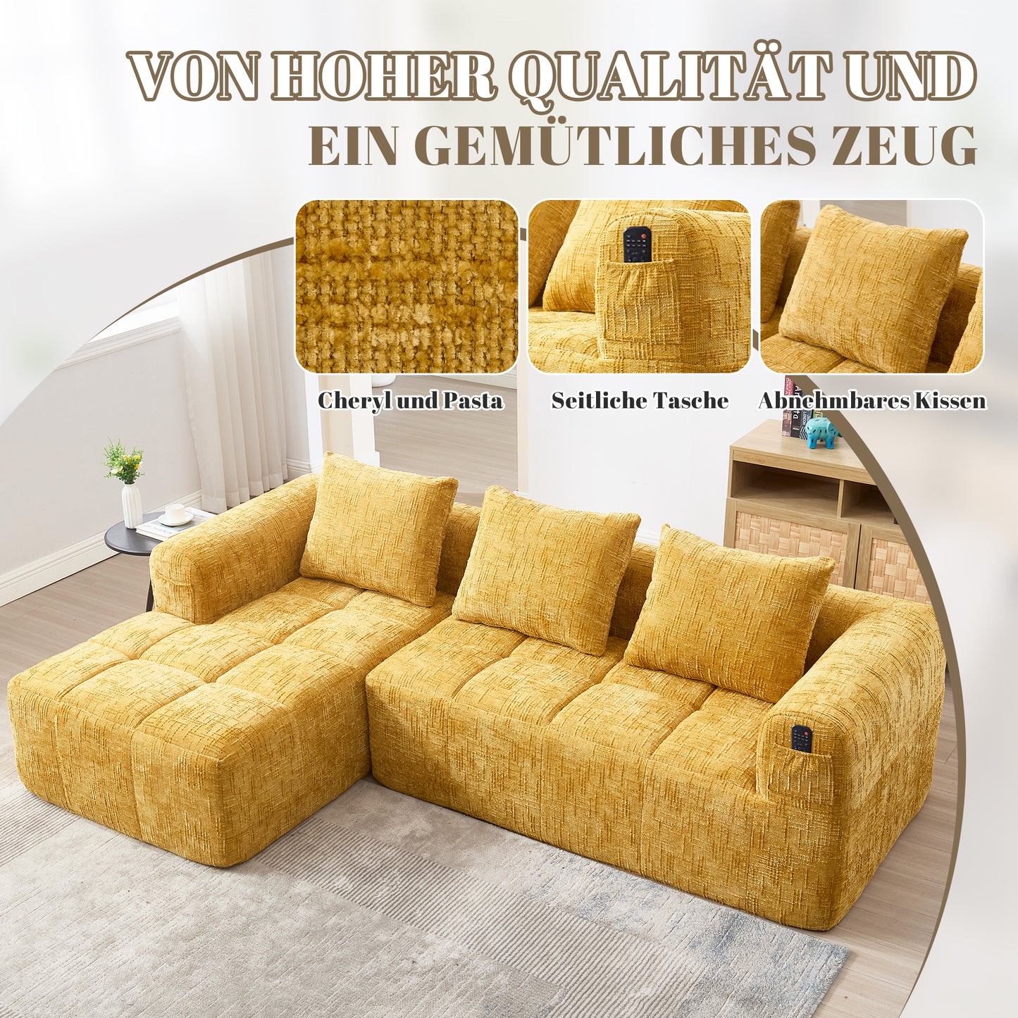 Modernes Sektionssofa, L-Sofa, 3-Sitzer-Sofa, keine Installation erforderlich, Chenille-Sofa mit Chaiselongue und Armlehnen, 3 Kissen, Seitentasche für Fernbedienung, Gelb
