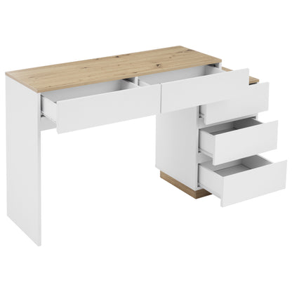Schreibtisch mit 5 Schubladen,Frisiertisch, Funktion von Aufbewahrung, für Schlafzimmer , E1-Spanplatte, weiß+oak