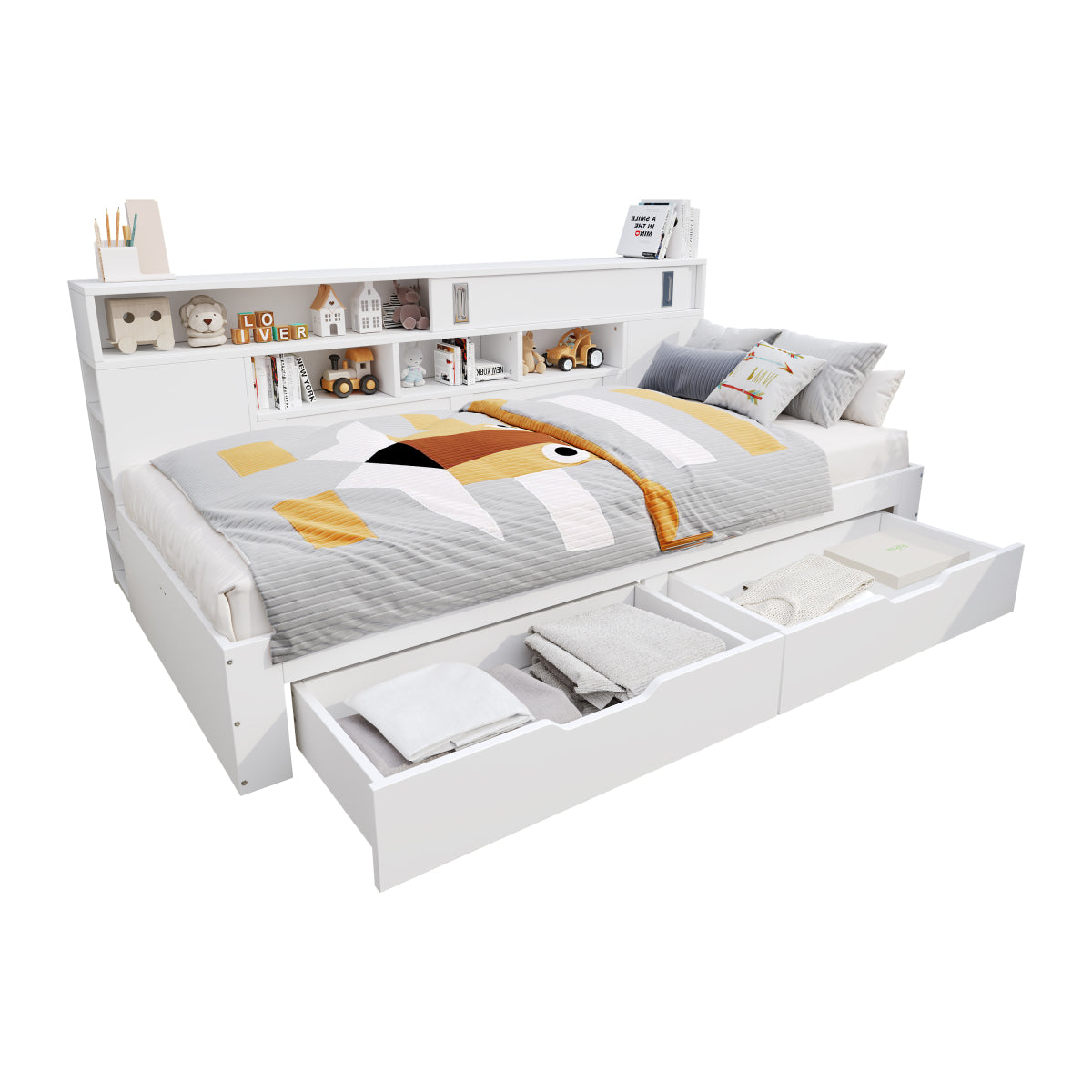 Multifunktionales Stauraumbett 90x190 cm - Daybed mit 2 Schubladen, Schiebetüren & Regalen - Stabiles Funktionsbett aus MDF bis 200kg - Weiß