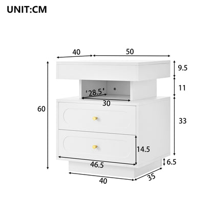Nachttisch mit LED-Beleuchtung, Nachtkommode mit 2 Schubladen & offenem Fach, weißer Nachtschrank aus Spanplatte, B50×T40×H60 cm