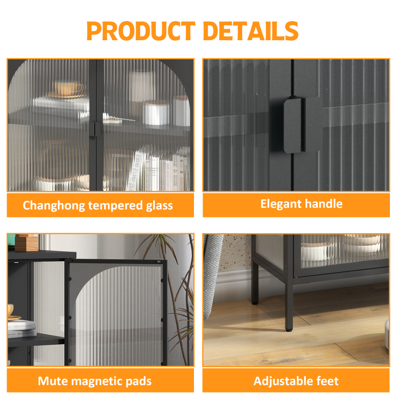 Metallseitenbrett-Schrank, Akzent-Speicherschrank mit 2 Glasklappen, Moderner Kaffebar-Schrank mit Einstellbaren Regalen für Küche, Wohnzimmer und Flur, eisenhaltig, H80cm×B80cm×T35cm