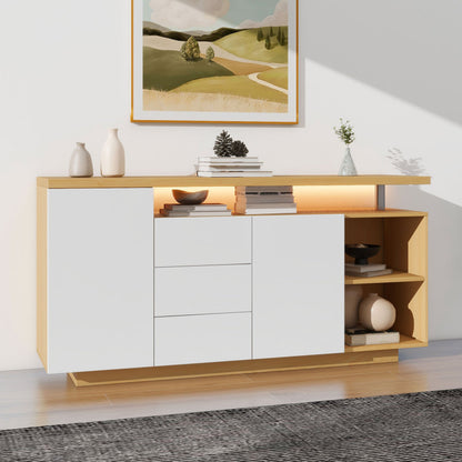 Multifunktionales Sideboard, Länge 140 cm, weiß und Holzimitat - 2 Türen, 3 Schubladen, 2 offene Fächer, mit LED-Beleuchtung