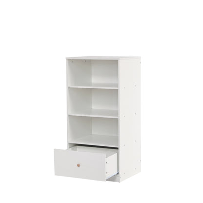 Bücherregal, Regal mit drei Einlegeböden und einer Schublade, geräuschlosen Gleitern, Schlafzimmer, Wohnzimmer, MDF, Weiß