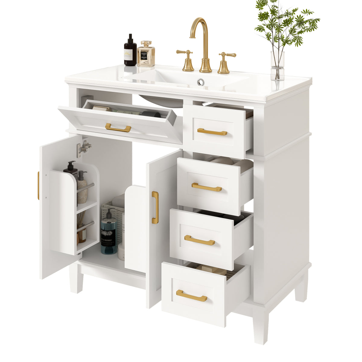 Badezimmer-Unterschrank 90×46×87 cm, weiß lackiert, Keramikwaschbecken, leise Schubladendämpfung, Massivholzbeine, viel Stauraum, goldene Griffe