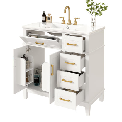 Badezimmer-Unterschrank 90×46×87 cm, weiß lackiert, Keramikwaschbecken, leise Schubladendämpfung, Massivholzbeine, viel Stauraum, goldene Griffe