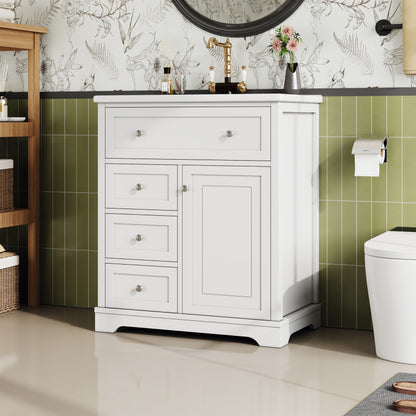 76x46x87cm Bodenstehender Badezimmerschrank mit Waschbeck, Waschtisch,Sprühlackierverfahren,Drei Soft-Close-Schubladen,Türregale,ausklappbare Schublade,integriertes Keramikwaschbecken,Weiß