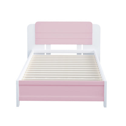 Holzbett 90*200 cm , Einzigartige und Minimalistische Form, Kopfteil mit Liniendesign, Kindereinzelbett, Rosa