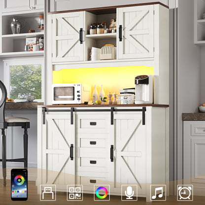 Küchenschrank 115x40x175cm hohes Sideboard Weiß mit App-LED-Beleuchtung, X-Design Schiebetüren, 2 Schubladen & Magnetklappen, Küchenbuffet