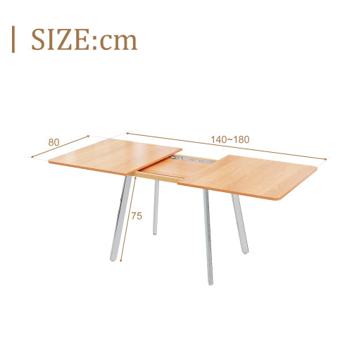 Moderner minimalistischer ausziehbare Esstisch in eleganter Naturfarbe und silber verschromt Beine– 140 cm x 80 cm ausziehar bis 180cm, hochfeste Legierungsstütze, geeignet für 4-6 Personen