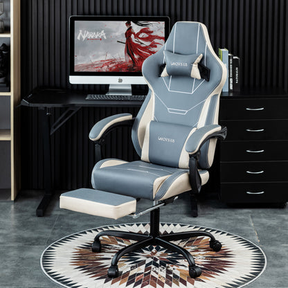 Gaming Stuhl Ergonomisch Gaming Chair Bürostuhl mit Fußstütze Racing Computerstuhl Höhenverstellbar Gepolstert Computerstuhl Lendenwirbelstütze Blaubeige