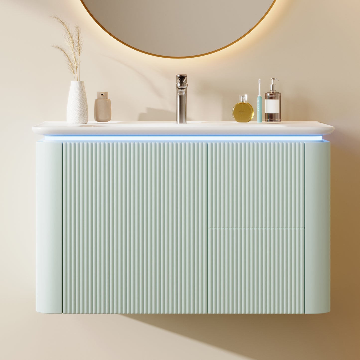 Badezimmerschrank Wandhängend 80cm Grün, 3D-Struktur & LED-Sensor, Waschtisch mit Keramikbecken, 4 leise Schubladen, Lackiert, Anti-Stoß