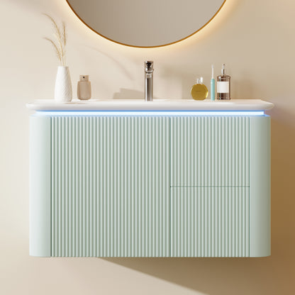 Badezimmerschrank Wandhängend 80cm Grün, 3D-Struktur & LED-Sensor, Waschtisch mit Keramikbecken, 4 leise Schubladen, Lackiert, Anti-Stoß